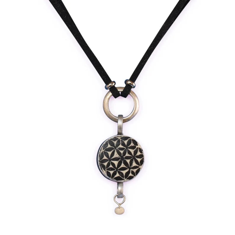 Flower of Life Ostrich Eggshell Choker Necklace | Handmade Geometric Pendant