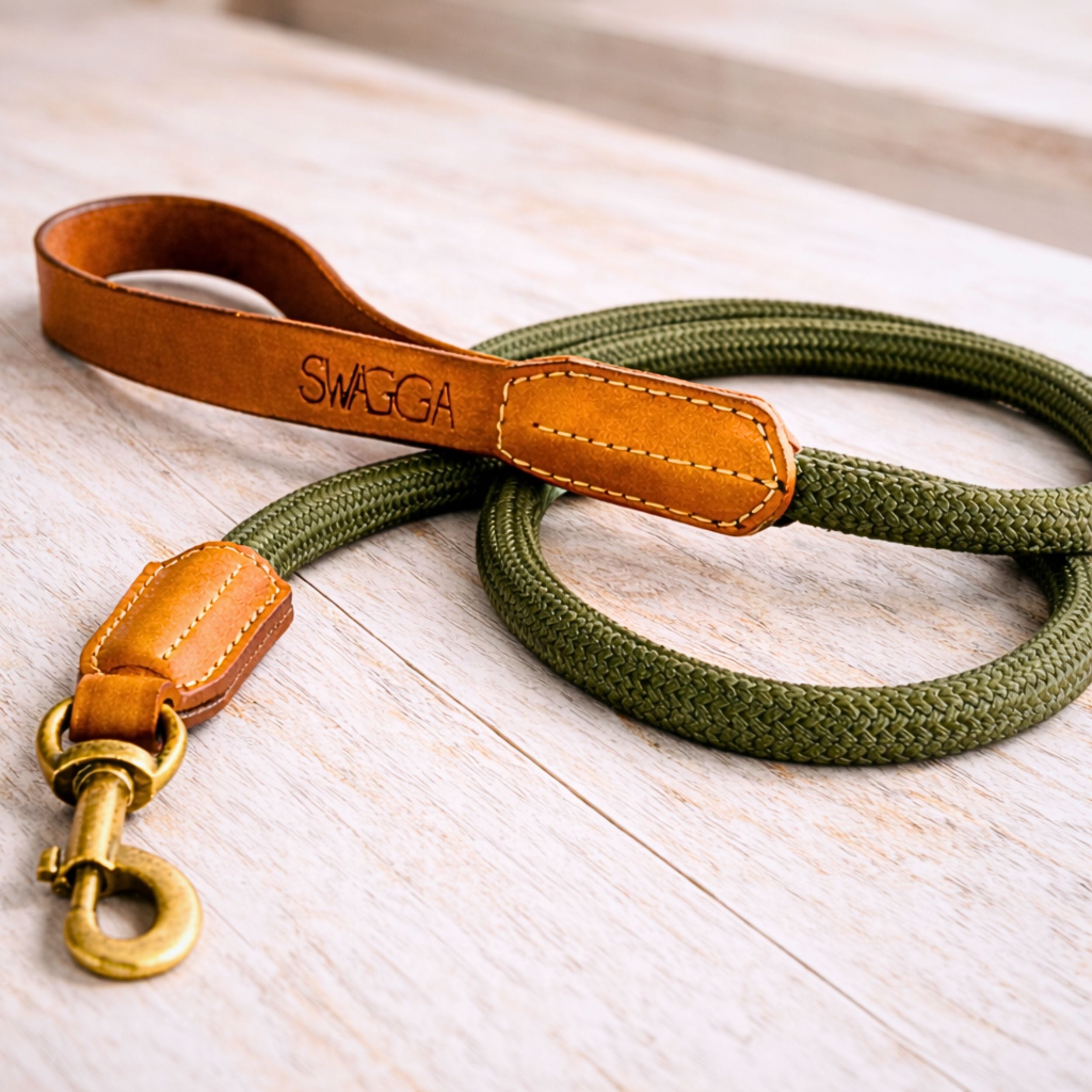 Hand-Stitched Leather & Rope Dog Leash