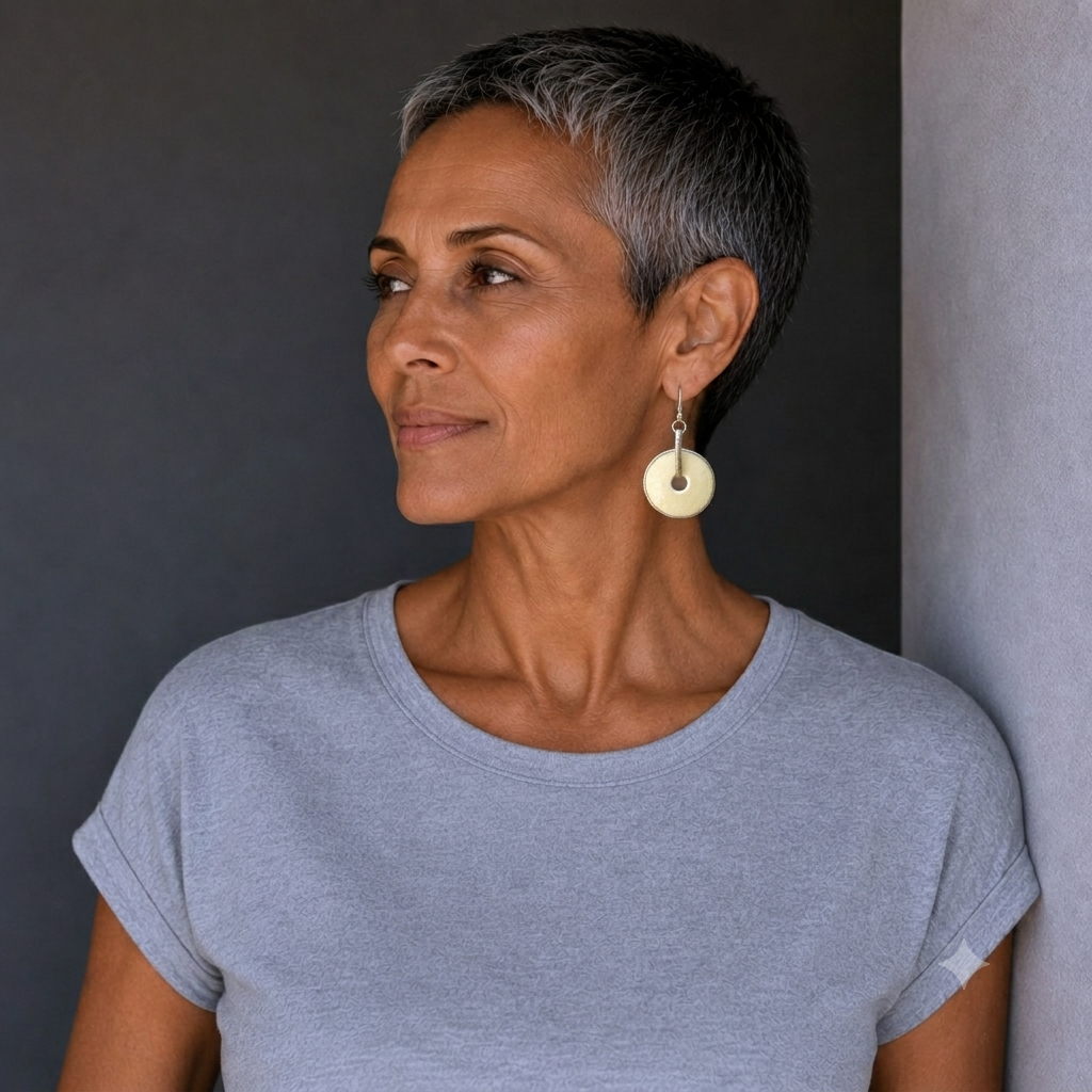 Model wearing elegant handcrafted ostrich eggshell earrings designed for everyday wear and contemporary style.