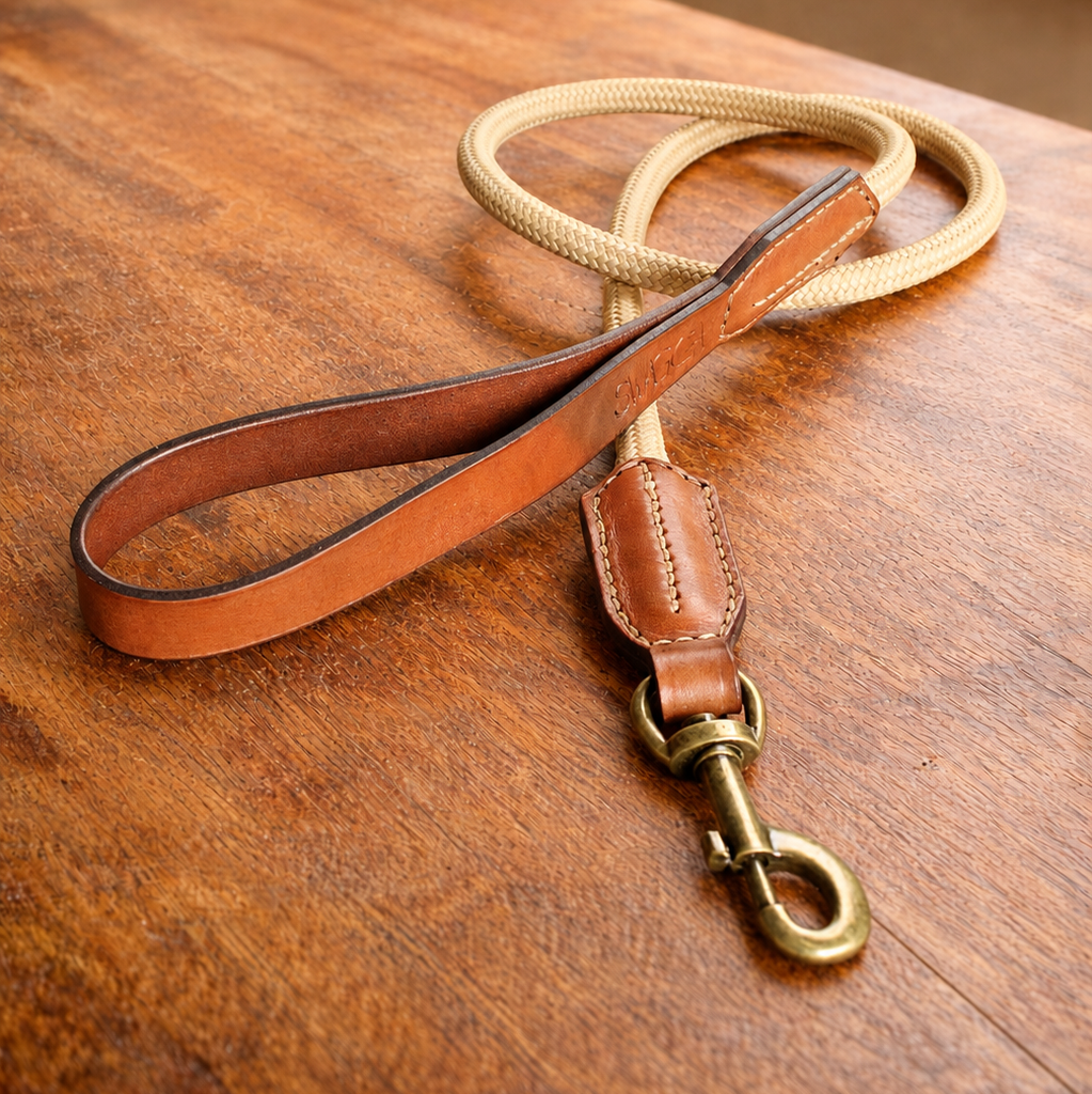 Hand-Stitched Leather & Rope Dog Leash