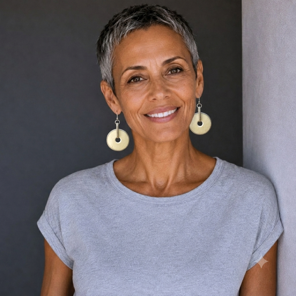 Smiling woman wearing lightweight sculptural ostrich eggshell statement earrings handcrafted from natural materials in South Africa.