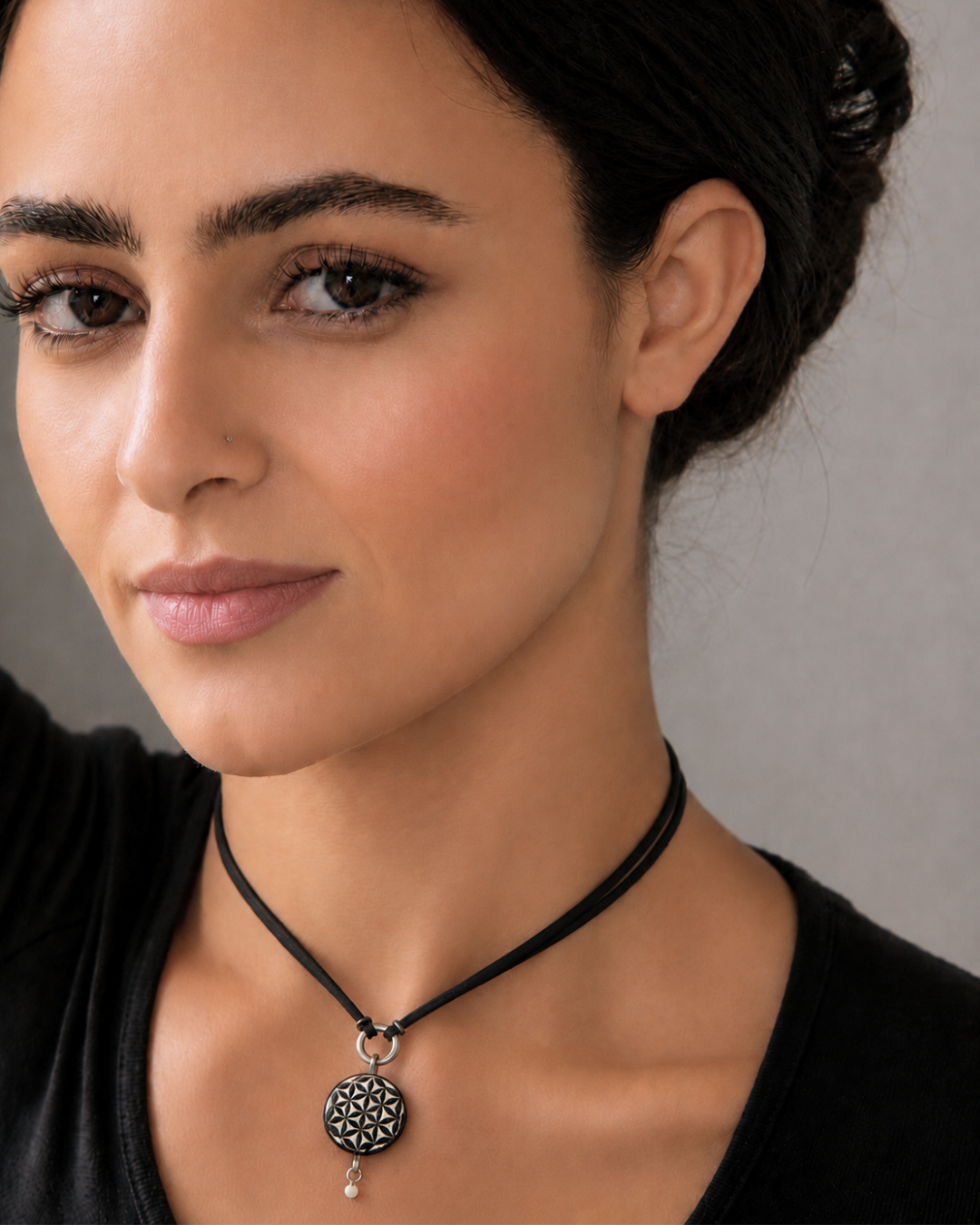 Handmade Flower of Life ostrich eggshell choker necklace on model