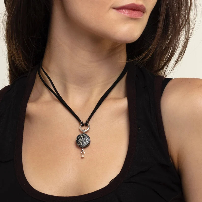 Flower of Life Ostrich Eggshell Choker Necklace | Handmade Geometric Pendant