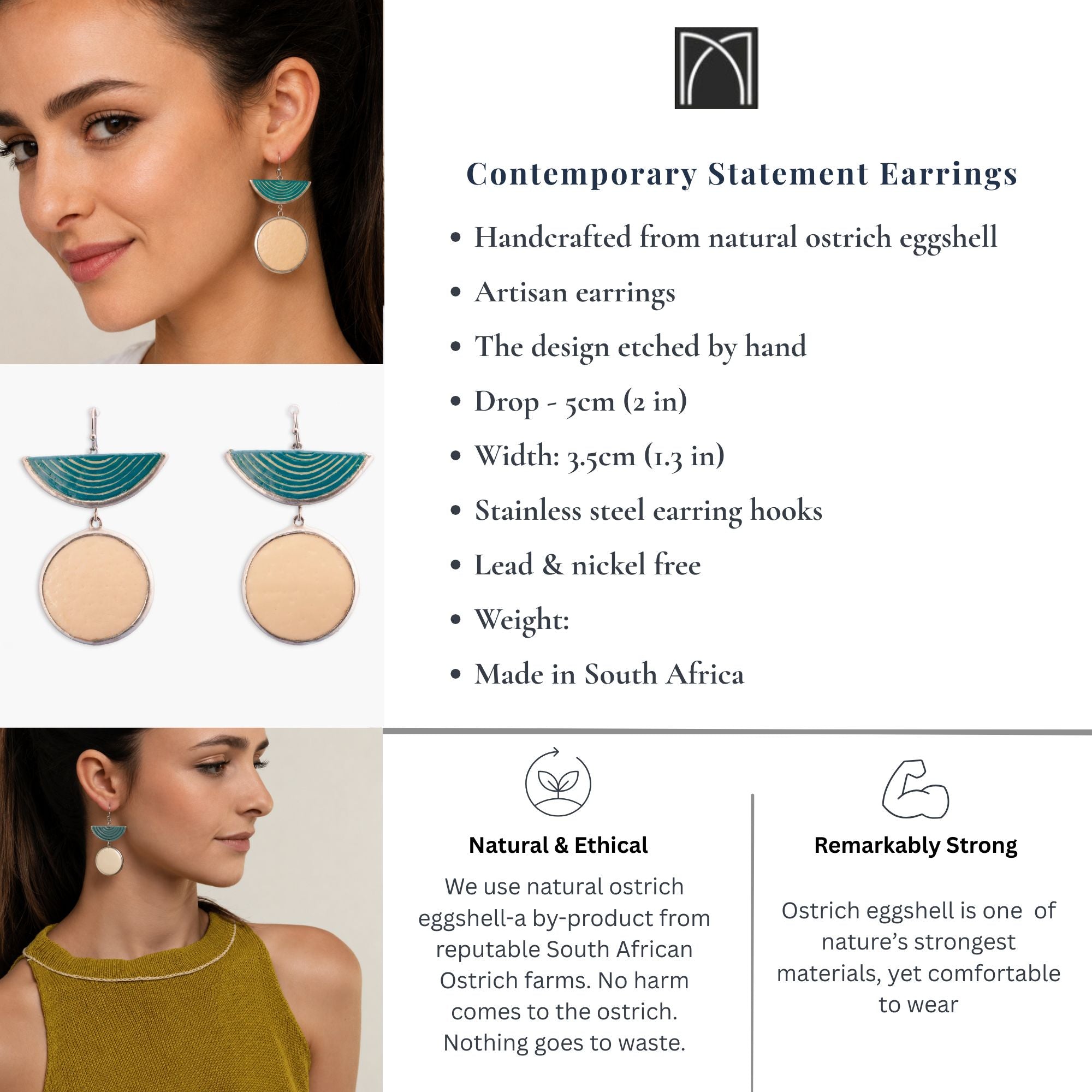 Contemporary Half Moon Statement Earrings | Handcrafted Ostrich Eggshell Jewellery