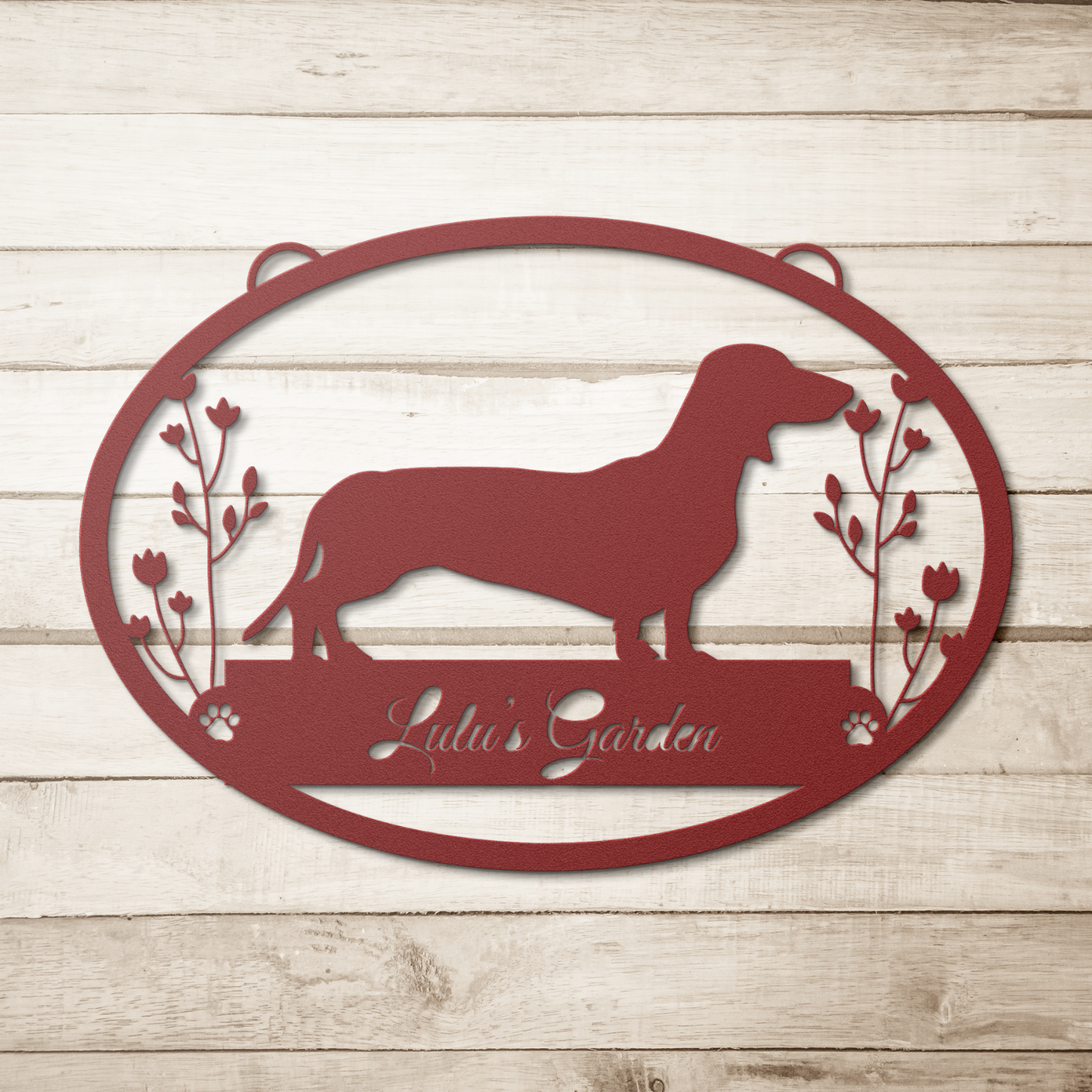 Custom Oval Dachshund Garden Metal Sign Cursive