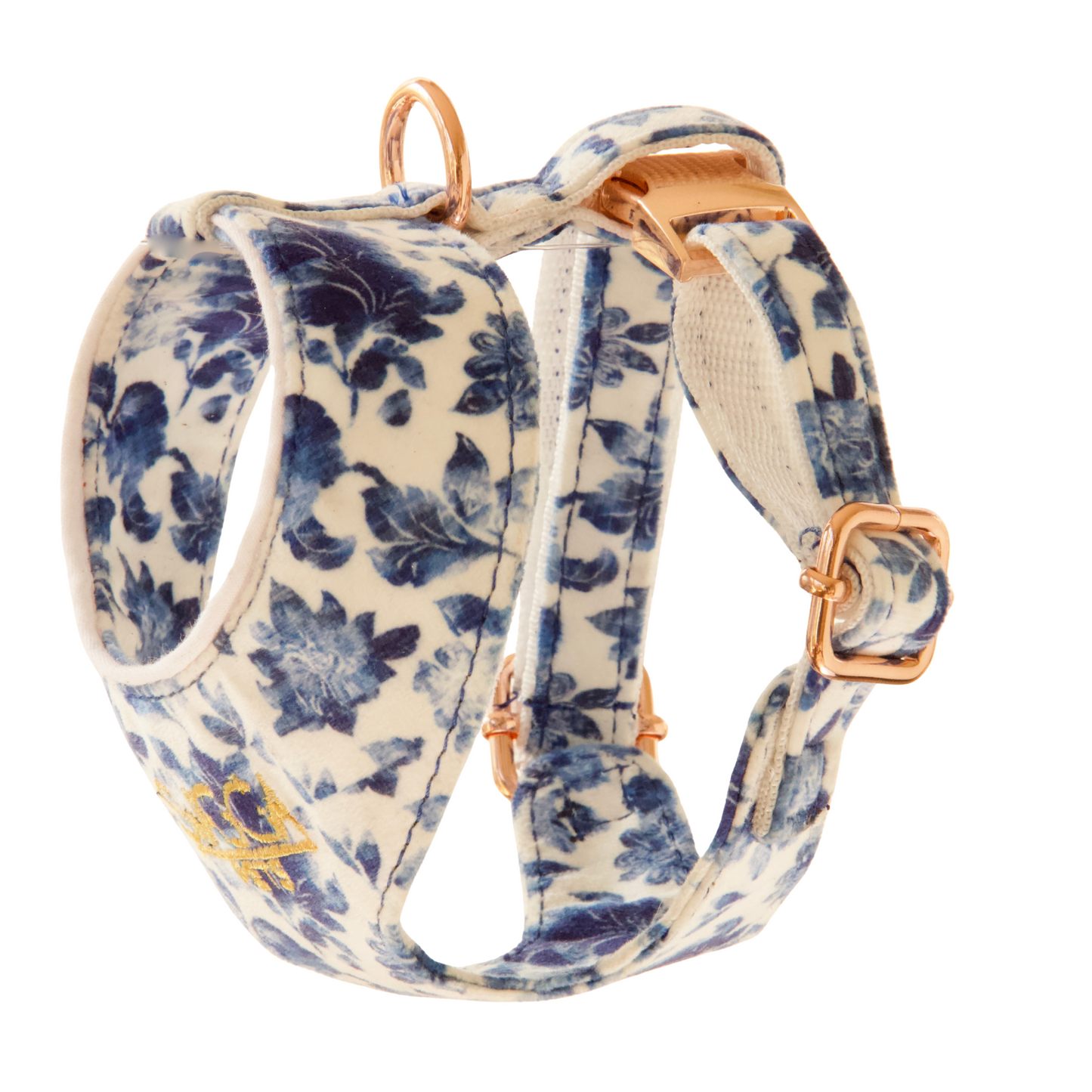 Luxury Velvet Dog Harness – Delft Design with Rose Gold