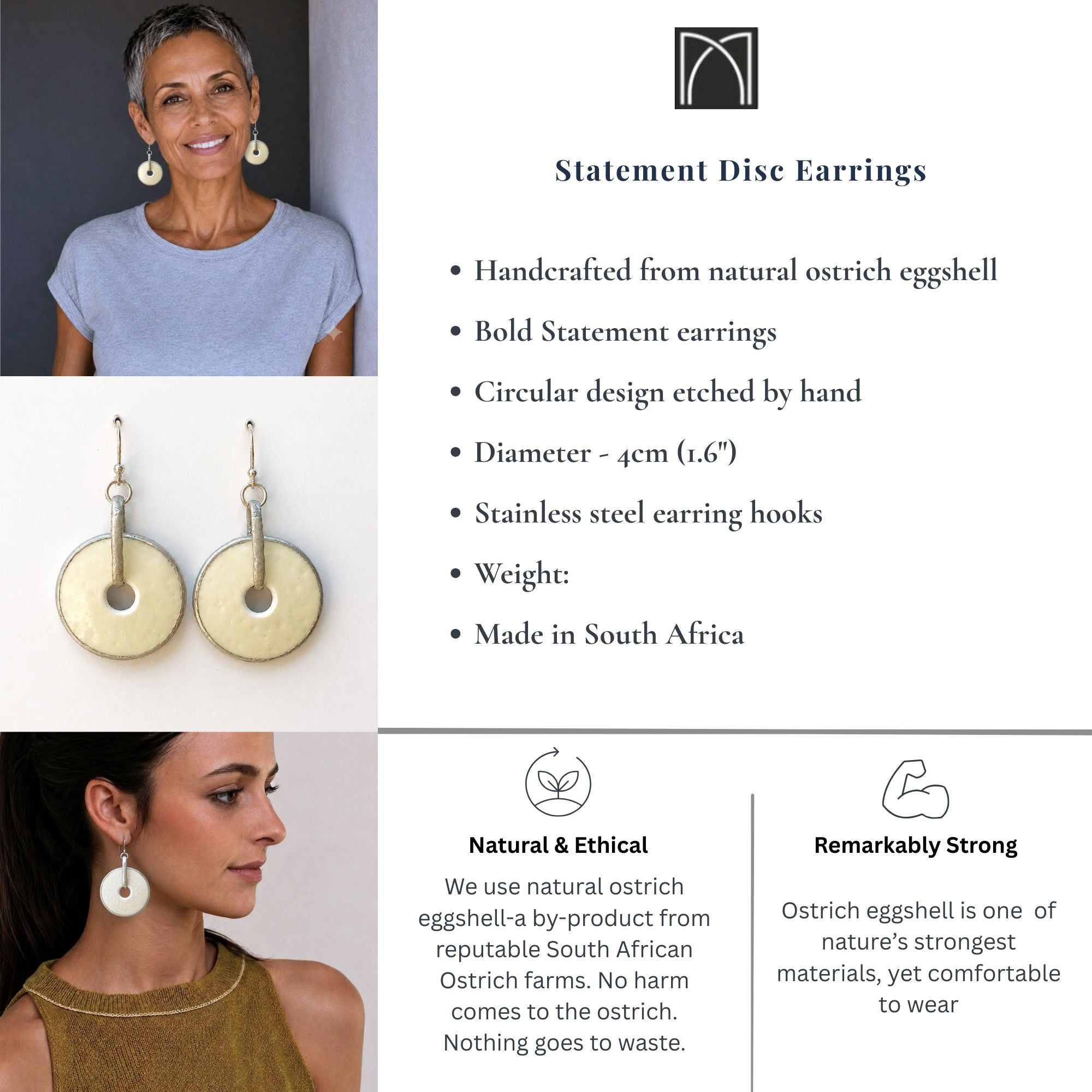 A product information graphic for statement disc earrings. The layout includes a photo of a woman wearing the earrings, a close-up product shot of a pair of large circular earrings, and text describing the product as handcrafted from natural ostrich eggshell with a bold circular design, stainless steel hooks, and South African origin.