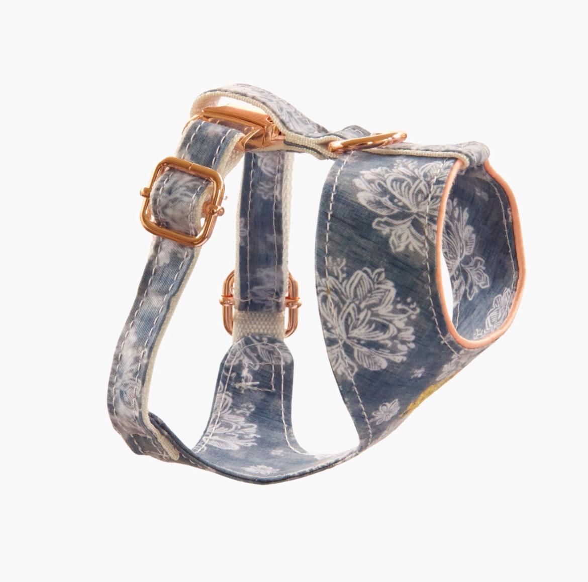 Blue Floral Velvet Dog Harness – Rose Gold Edition