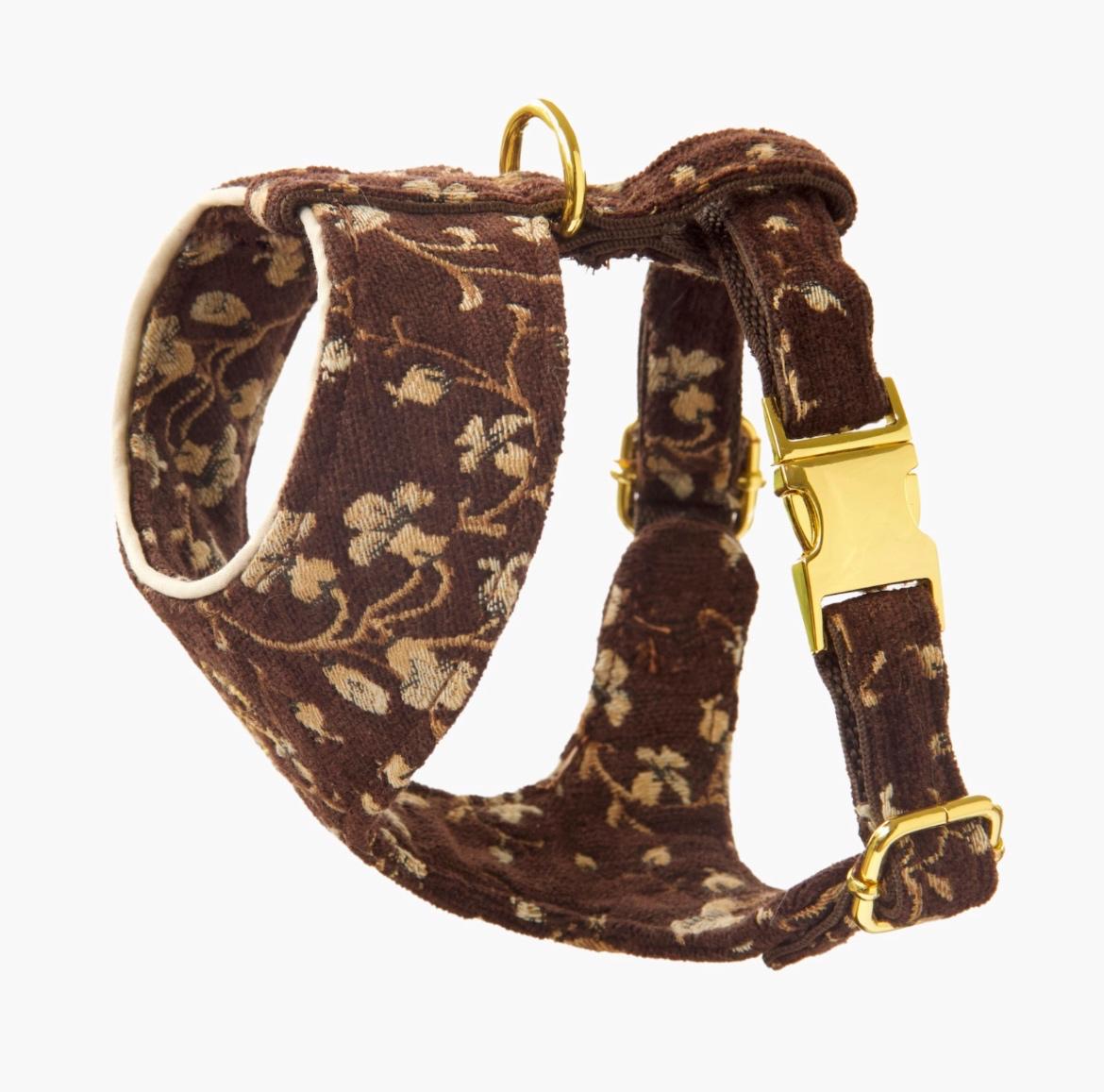 Vintage Brown Floral Velvet Dog Harness – Luxury Gold Hardware