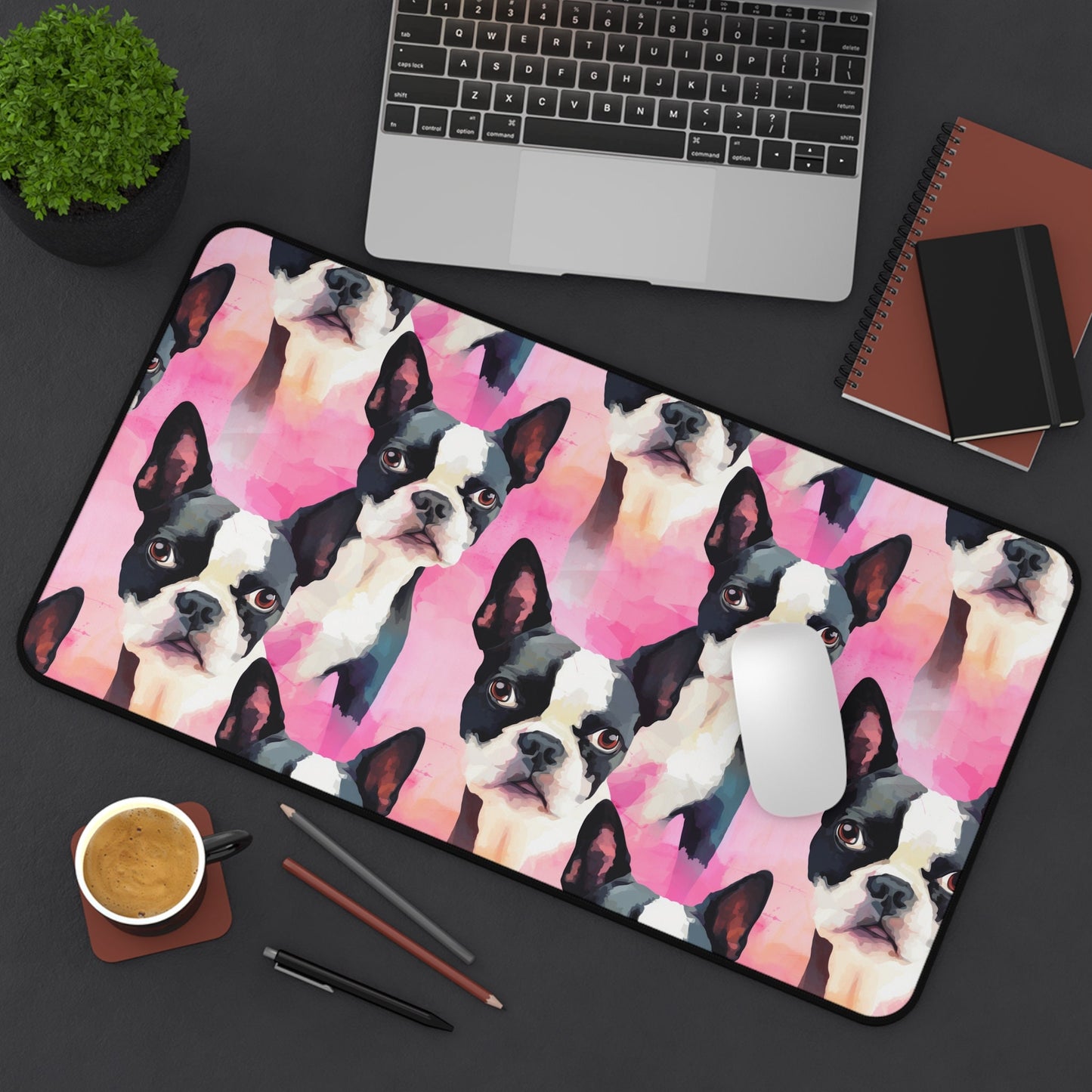 Boston Terrier Desk Mat Pink Watercolor