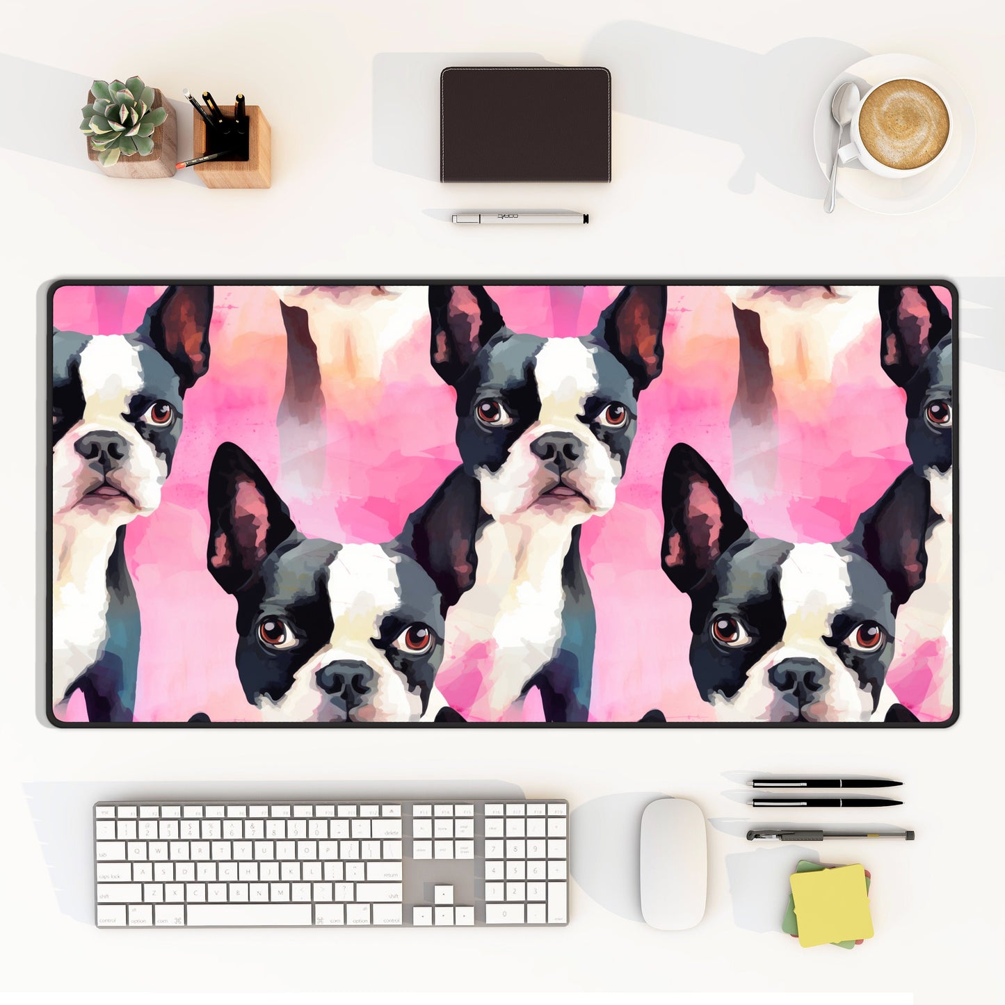 Boston Terrier Desk Mat Pink Watercolor