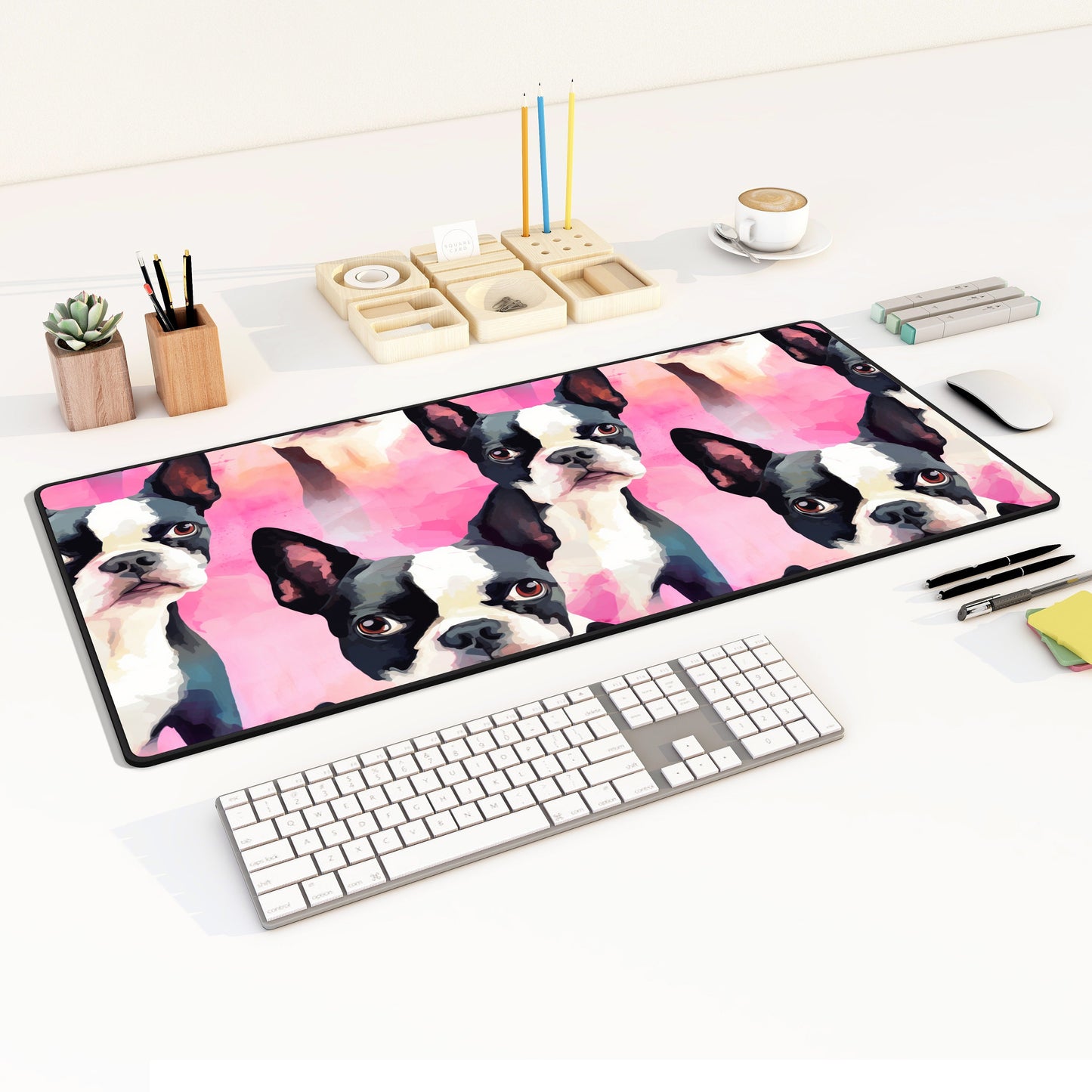 Boston Terrier Desk Mat Pink Watercolor